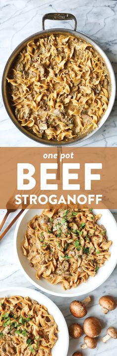 one pot beef stroganonoff with mushrooms and parmesan cheese on the side