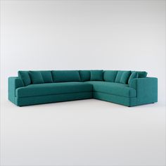 a blue sectional sofa with pillows on the top and bottom part, in front of a white background