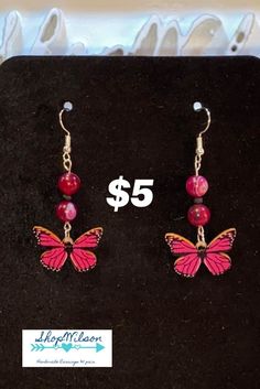 Pink glass beads Red Butterfly Earrings For Gift, Butterfly Earrings For Jewelry Making, Butterfly Charm, Pink Butterfly, Butterfly Earrings, Pink Glass, Ear Wire, Earring Findings, Handmade Earrings