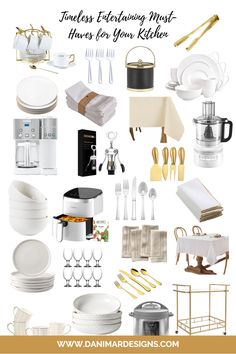 a collage of white and gold kitchen items