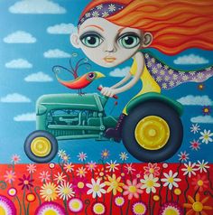 a painting of a woman riding on the back of a tractor