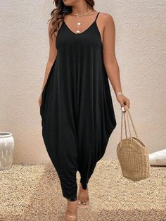 Black Casual Collar Sleeveless Knitted Fabric Plain Other Embellished Medium Stretch  Women Plus Clothing Casual Sleeveless Jumpsuits And Rompers, Sleeveless Solid Jumpsuit, Sleeveless Stretch Jumpsuits And Rompers For Leisure, Sleeveless Jumpsuits And Rompers For Leisure, Black Jumpsuits And Rompers For Summer Leisure, Suspender Jumpsuit, Casual Sleeveless Tie-dye Jumpsuits And Rompers, Plus Size Jumpsuit, Simple Colors