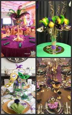 a collage of photos showing different types of decorations and decorating items for a mardi gras party