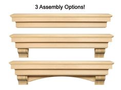 three wooden shelfs with the words 3 assembly options written below them on white background