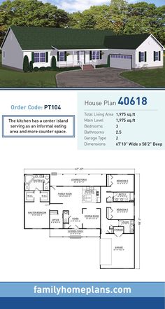 two story house plan with 3 bedroom and 2 bathrooms in the front, an open floor plan