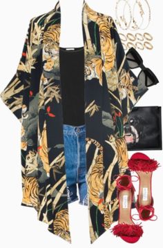 Chic Outfits Summer, Mode Kimono, Rock Outfit, Office Outfits Women, Summer Concert, Red Heels, Floral Kimono