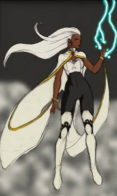 a woman with long white hair and black pants holding a light saber in her hand