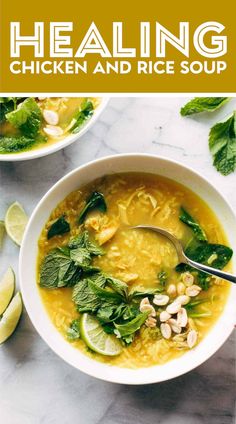 two bowls of chicken and rice soup on a marble table with limes, cilantro, and peanuts