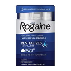 3-month supply of Men's Rogaine 5% Minoxidil Foam hair growth treatment to help treat hair loss, maintain hair density and allow for the regrowth of fuller hair Formulated with 5% Minoxidil, our fast-working hair regrowth treatment works to boost hair follicle activity and hair protein production and is clinically proven to regrow up to 25% more hair Men's hair growth treatment also contains botanical extracts and emollient to help maintain a healthy, conditioned scalp, plus alphahydroxy acid (A Natural Skin Exfoliator, Mens Hair Regrowth, Hair Growth For Men, Hair Growth Secrets, Hair Regrowth Treatments, Regrow Hair, Hair Thickening, Thinning Hair, Hair Regrowth