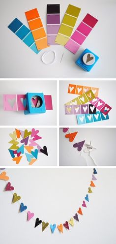 the steps to make paper hearts are shown