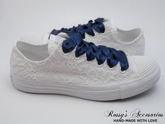 "Beautiful and Romantic wedding sneaker are a perfect accessories for your Special day..These Wedding White Monochrome Converse Sneakers , are embellished with White Lace fabric . White Satin Ribbon shoe lace for tying ... Lace is available in white , Ivory , Champagne , Blush This Chuck Taylor All Star Monochrome Low Top runs a half-size large. Handmade to order, so please allow me enough time before your wedding date. Orders are processed and shipped within 5-6 WEEKS of payment., large orders Low-top Lace Wedding Shoes For Bride, Wedding Converse Shoes, Lace Converse, Wedding Sneakers For Bride, Ribbon Shoe Laces, Converse Wedding, Navy Blue Wedding Shoes, Bridal Converse, Converse Wedding Shoes