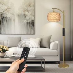 a person holding a remote control in front of a living room with a painting on the wall