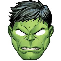 a green mask with black hair and an evil look on it's face is shown