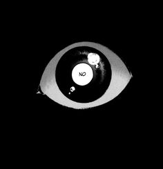 an eyeball with the word no in it's center is shown against a black background