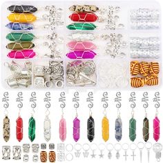 a box filled with lots of different types of beads and charms next to each other