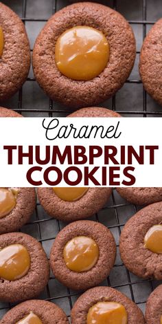 chocolate cookies with peanut butter on top and the words caramel thumbprint cookies above them