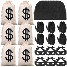 six pairs of black gloves with dollar signs on the front and five pairs of black gloves in