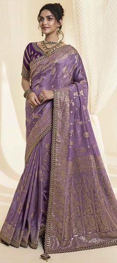 Purple and Violet color Saree in Silk fabric with Lace, Sequence, Weaving, Zari work Purple Sari, Design Saree, Net Saree, Fancy Blouses, Work Design, Purple Satin, Fancy Sarees