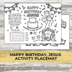 a happy birthday jesus activity placemat with the words happy birthday jesus and an image of a cake