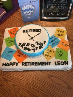 a retirement cake is decorated with post it notes and the words retired, happy retirement leon