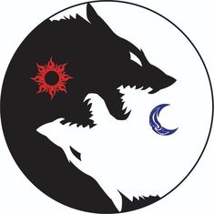 two wolfs facing each other in front of a sun and the moon on a black circle