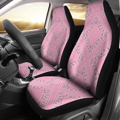 pink and black car seat covers with diamond pattern