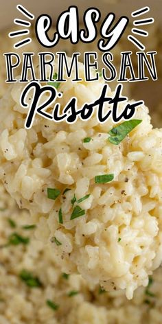 a close up of rice on a spoon with the words easy parmesan risotto