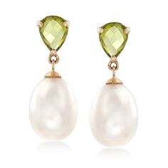 Ross-Simons - 1.90ct t. w. Peridot, 10-10.5mm Cultured Pearl Drop Earrings in 14kt Yellow Gold. Here's a simple design that captivates with major sophistication. 1.90 ct. t. w. pear-shaped peridots dangle 10-10.5mm cultured freshwater drop pearls in polished 14kt yellow gold. 3/8" wide. Hanging length is 1". Post/clutch, white pearl and peridot drop earrings. Pearl birthstones are the perfect gift for June birthdays. Pearl And Peridot, Emerald Earrings Drop, Opal Drop Earrings, Pearl Birthstone, Peridot Earrings, Peridot Stone, Fine Jewelery, Knot Earrings, Pearl Earring