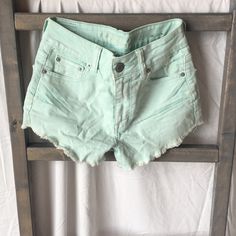 Never Worn Hi Rise Tiffany Blue Jean Shorts! The Fabric Is Stretchy And Very Flattering Cotton Bottoms With Built-in Shorts And Cutoff Shape, High Waist Cotton Summer Bottoms, Summer High Waist Cotton Bottoms, Mid-rise Cotton Shorts For Day Out, Cotton Mid-rise Shorts For Day Out, Cotton Cutoff Bottoms For Day Out, High Rise Cotton Shorts For Summer, Blue Cotton Summer Jean Shorts, Trendy Light Blue Cotton Bottoms