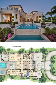 the floor plan for this luxury home is very large and has an outdoor swimming pool