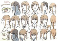 an anime character's hair and eyes are shown in various positions, including the head