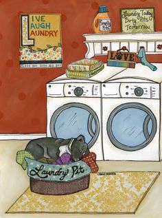 a painting of a dog laying in front of a washer and dryer with the words laundry day on it