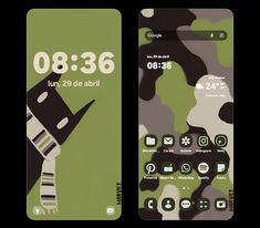 two cell phones with different designs on them, one is camouflaged and the other has an alarm clock