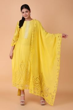 Yellow straight kurta with placement floral cutwork pattern. Paired with a pant and dupatta with floral cutwork pattern. - Aza Fashions Festive Semi-stitched Cutwork Kurta, Elegant Cotton Salwar Kameez With Cutwork, Diwali Cotton Cutwork Sets, Festive Straight Kurta With Cutwork, Cutwork Straight Kurta For Navratri, Straight Kurta With Cutwork For Navratri, Straight Cutwork Kurta For Navratri, Cutwork Mulmul Kurta For Eid, Cotton Cutwork Sets For Wedding