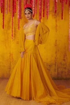 Shop for Masumi Mewawalla Yellow Silk Draped Trail Lehenga Set for Women Online at Aza Fashions Trail Lehenga, Mustard Lehenga, Peacock Couture, Haldi Wear, Lehenga With Blouse, Detached Sleeves, Mustard Fabric, Blouse Yoke, Pink Peacock