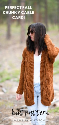 a woman wearing an orange cabled cardigan sweater and white jeans, with text overlay that reads perfect fall chunk cable cardi knit pattern