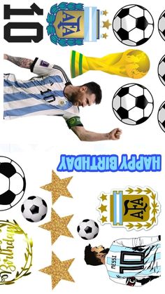 a man kicking a soccer ball next to other sports related items and stars in front of him