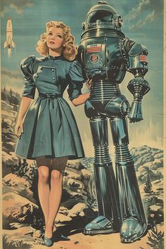 #1940sRetroSci-fi #CottagecoreFuturism #RobotAndHuman #DesolateRockyPlanet #RetroSpacesuit #UnseenMonster #RetroRocketShip Futuristic Vintage Retro Futurism, Retro Futurism Robots, Retro Robot Aesthetic, Retro Futurism Illustration, Sci Fi Comic Art, Retro Sci Fi Robot, 1920s Futurism, Old Space Aesthetic, Retro Futurism Robot