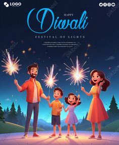 happy diwali festival poster with family holding sparklers in front of the night sky