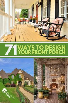 the front porch with rocking chairs and an outdoor fireplace is featured in this postcard