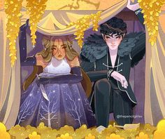 an illustration of two people dressed in medieval clothing sitting on a bench under a canopy