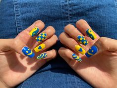 Yellow Checkered Nails, Royal Blue Checkered Nails, Blue And Orange Checkered Nails, Colorful Checkered Nails, Neon Nails Checkered, Basketball Nails, Checkered Nails, Yellow Nails Design, Blue Checkered