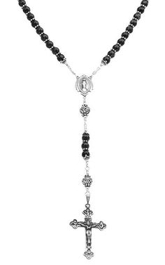 Sterling Silver Rosary Necklace Onyx Beads Crucifix Miraculous Medal - 7 Sorrows Rosaries Wonder Woman Jewelry, Rosary Ideas, 7 Archangels, Handmade Rosary, Rosary Jewelry, Beads Rosary, Silver Rosary, Music Tattoo Designs, Rosary Necklace