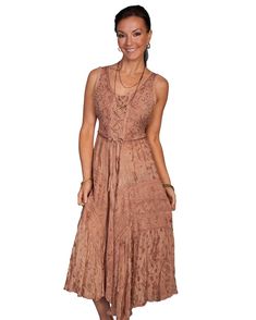 Full length lace-up front sleeveless dress. Scrolling fabric throughout. Tier panels in skirt area. 100% rayon. Hand wash cold and hang dry. Denim Western Dress, Western Jackets, Western Style Dresses, Western Dresses For Women, Cowgirl Dresses, Embroidered Dress Boho, Western Dress, Country Dresses, Western Wear For Women