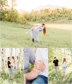 an engaged couple holding each other in the woods