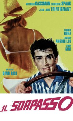 an italian movie poster for the film la sorpasso, featuring a man driving a car