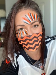 Bengals Face Paint, Football Face Paint, Football Makeup, Powder Puff Football, Cheer Makeup, Facepaint, Powder Puff, Cincinnati Bengals, Kids Sports