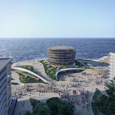 an artist's rendering of a large building next to the ocean with people walking around it