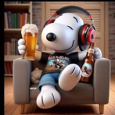 a cartoon character sitting in a chair with headphones on and holding a glass of beer