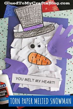 a snowman made out of toilet paper and some other crafting supplies with the words you melt my heart on it